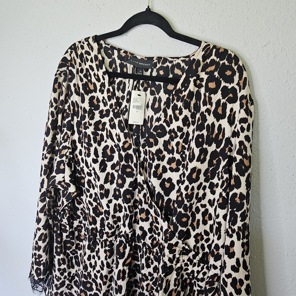 Lane Bryant‎ Women 26 Leopard Print Peplum Blouse Lace Cuff V-Neck Faux Wrap NEW